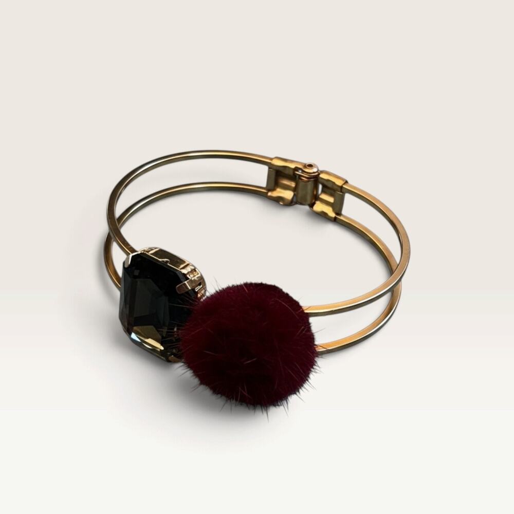 Burgundy Pom-Pom and Gemstone Hinged Bracelet with Gold-Tone Hardware